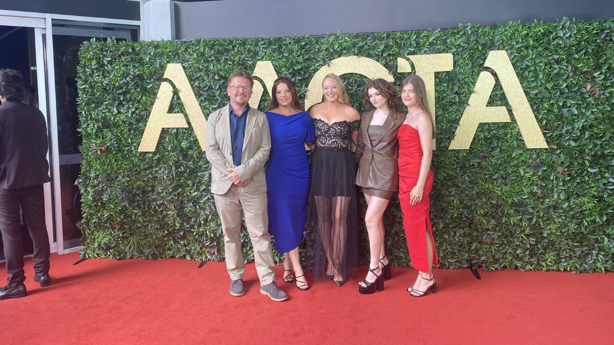Nick Bolton, Francisca Braithwaite and Jess Milne with Finding Addison actors Pez Warner and Aria Hart on the AACTA red carpet. Picture supplied