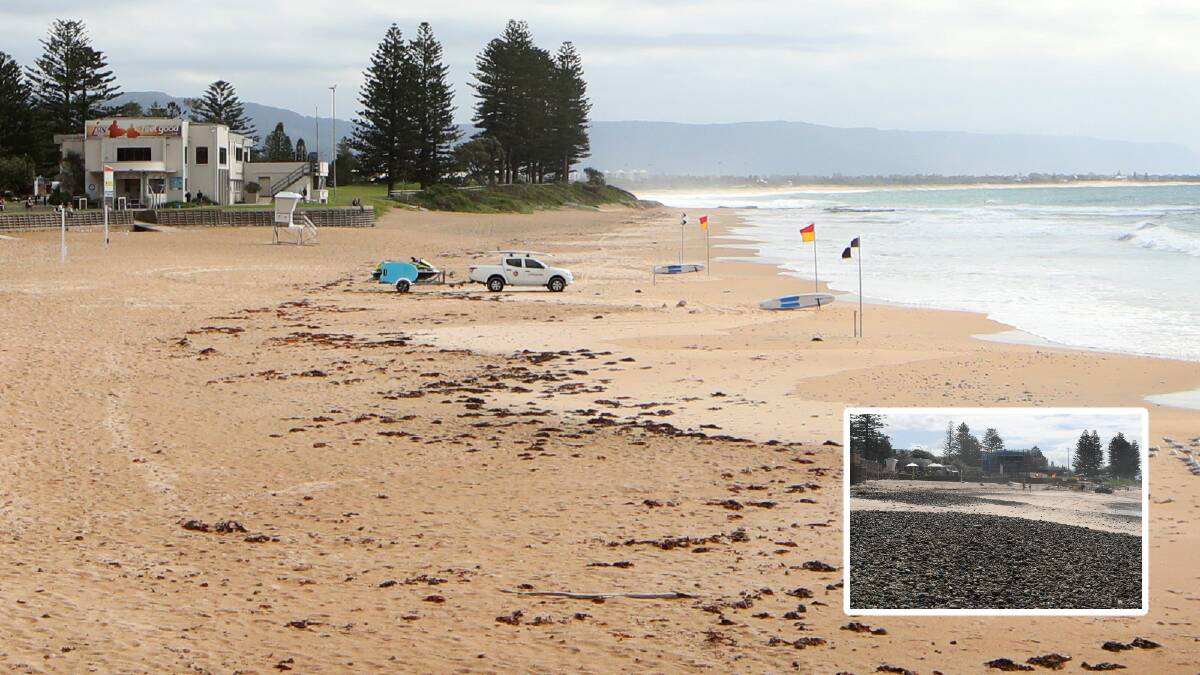 North Wollongong Beach as it typically looks, and inset, after the recent storm surges and heavy surf.