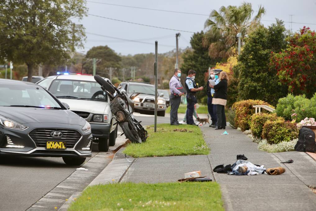 The scene of the Oak Flats crash over which motorbike rider Peter Penman has pleaded guilty to negligent driving and other charges. Picture: Sylvia Liber