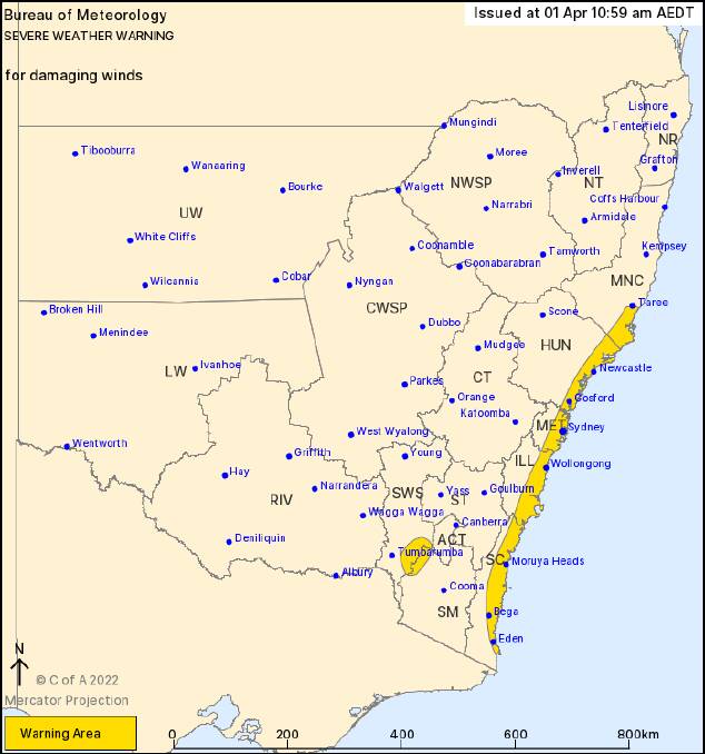 The warning area for damaging winds. Picture: Bureau of Meteorology
