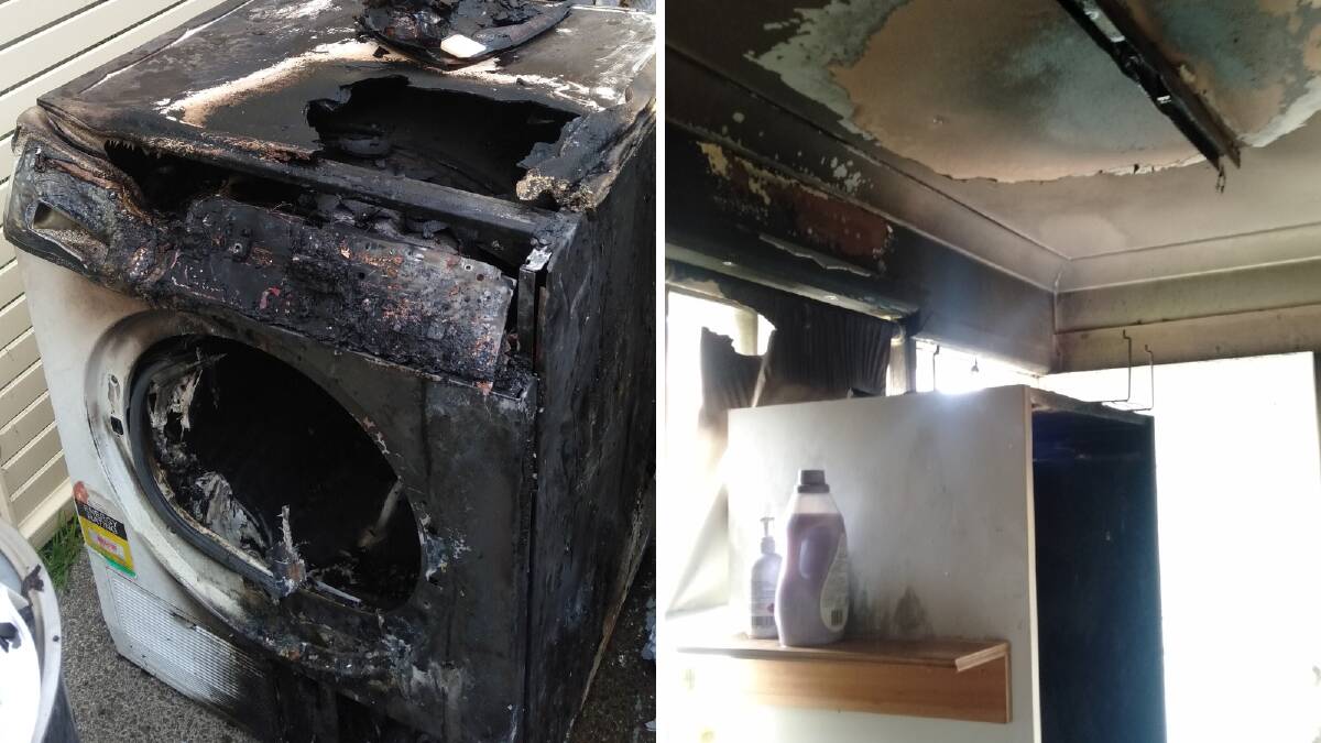 A dryer destroyed in an Albion Park Rail fire, and right, damage to the room. Pictures supplied