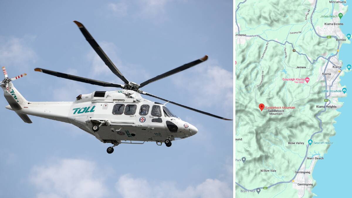 The Toll Ambulance Rescue Helicopter, and a map of Saddleback Mountain. Pictures by Adam McLean and from Google Maps