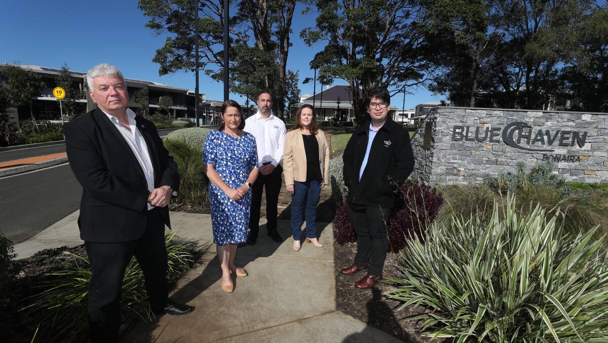 South Coast Labour Council's Arthur Rorris, Gilmore MP Fiona Phillips, Ben Steltenpool from the Health Services Union, Shellharbour MP Anna Watson and the United Services Union's Stuart Geddes are concerned about Kiama council's decision to sell Blue Haven. Picture: Robert Peet