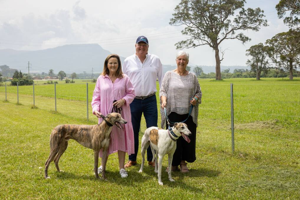 Shellharbour MP Anna Watson, Greyhound Racing NSW chief executive officer Rob Macaulay and Wollongong City councillor Linda Campbell at the site. Picture by Christian Michael.