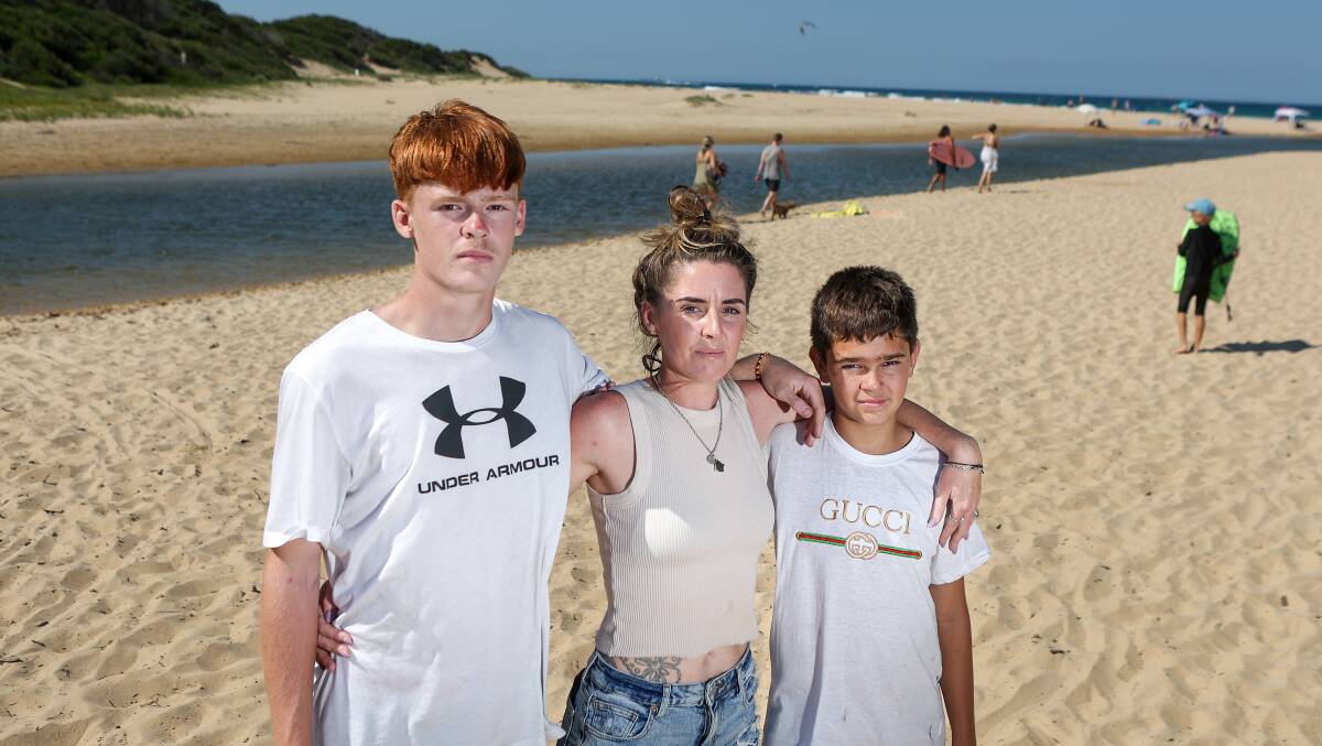 Belinda McColl with son Levi McColl, left, and nephew Tyrese Russell McColl at East Corrimal Beach. Picture by Adam McLean