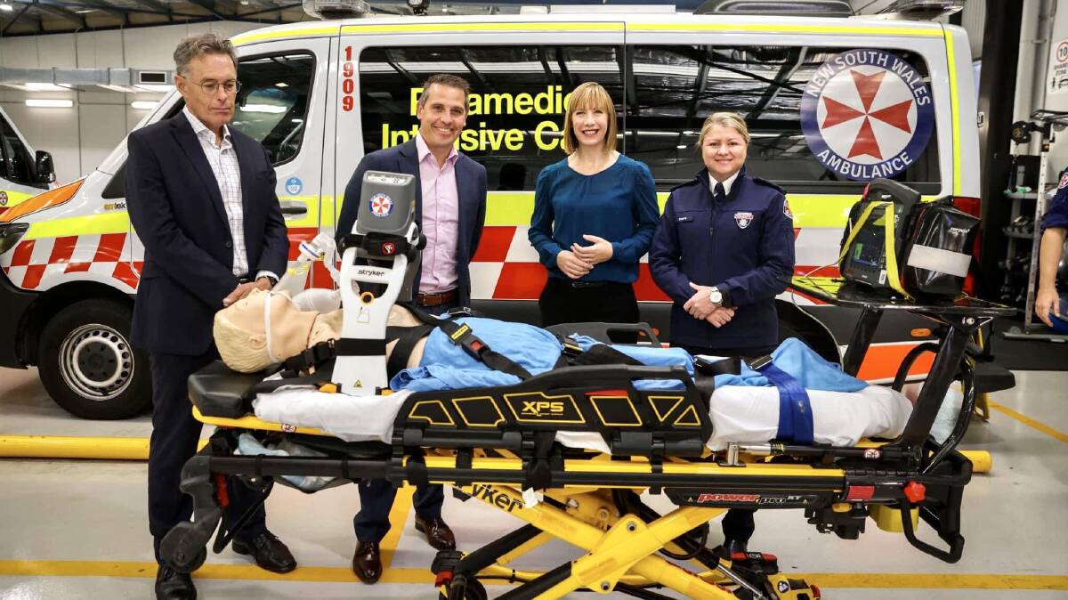 Cardiac arrest survivor Mark Sackley, Health Minister Ryan Park, Summer Hill MP and Transport Minister Jo Haylen, and NSW Ambulance senior assistant commissioner Clare Beech. Picture from NSW Ambulance.