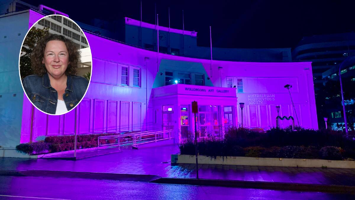 Wollongong Art Gallery has been lit up to raise awareness of mastocytosis and mast cell diseases; Dapto woman Kristin Sinclair is one of the founders of the Australian organisation. Pictures by Pro Sound and Lighting, and Robert Peet.