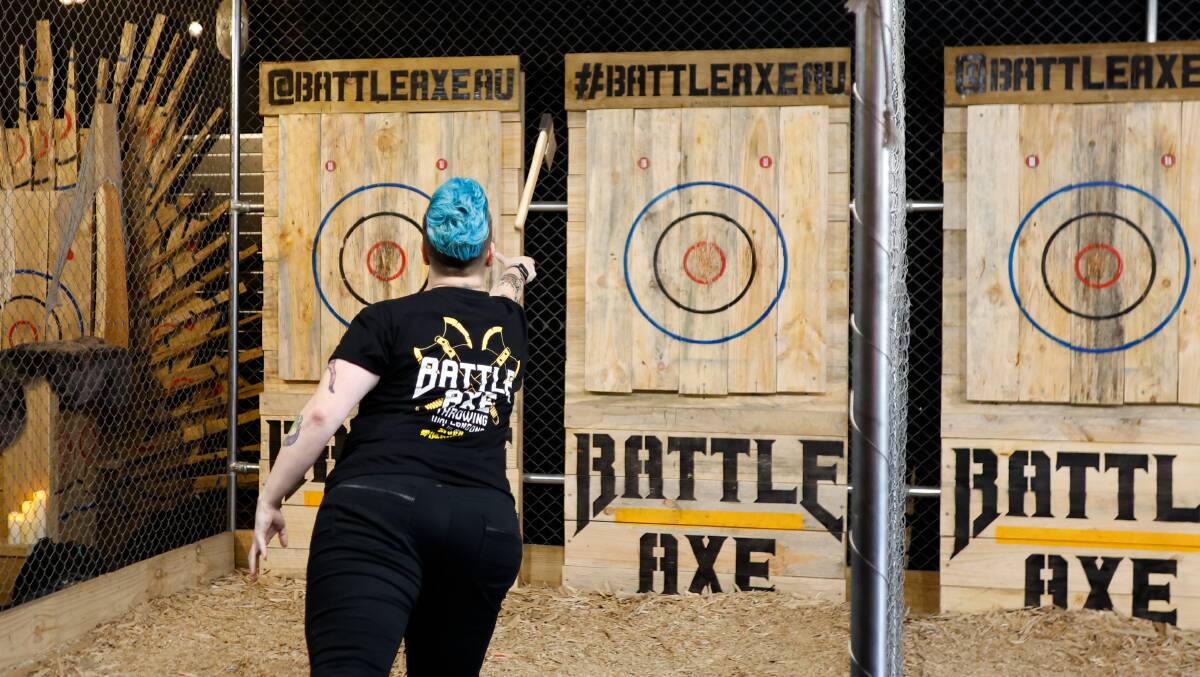 Steph Gildaly lets fly during the pool stage of the International Axe Throwing Federation's Asia Pacific regional tournament on January 28, 2024. Picture by Anna Warr