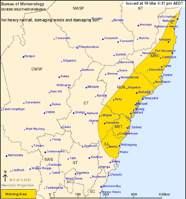 The warning area in yellow. Picture: Bureau of Meteorology