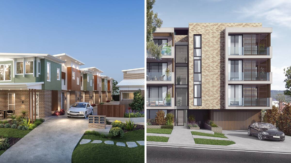 Artist impressions of the Housing Trust projects at Dapto, left, and Dudley Street in Wollongong. Pictures supplied.