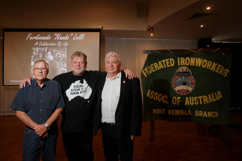 Former Federated Ironworkers Association secretary Andy Gillespie, Paul Lelli and South Coast Labour Council secretary Arthur Rorris at the celebration of Nando Lelli's life. Picture by Sylvia Liber.