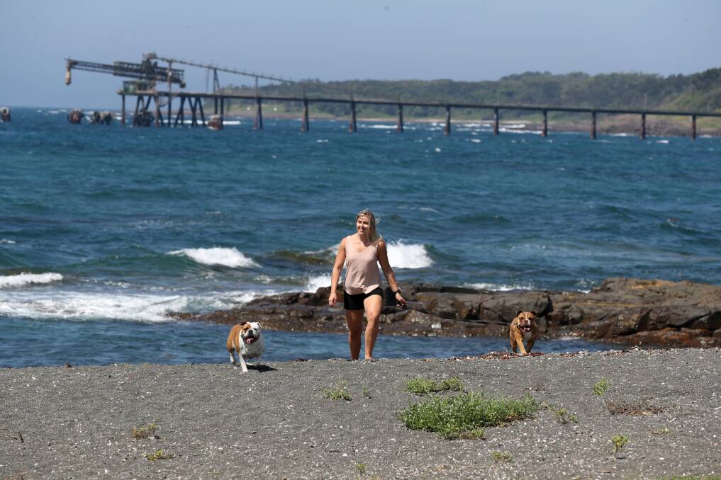 FUN IN THE SUN: Britt Jarochowicz wants a sandy beach in Shellharbour to enjoy with her dogs, Cami and Rocco, rather than just the pebbled stretch at The Shallows coastal reserve. Picture: Robert Peet