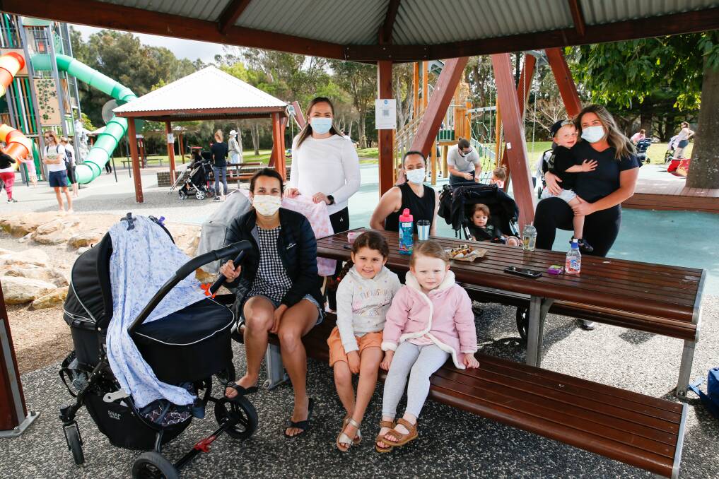 TOGETHER: Jane Bridges, Grace Brisbane, 4, and Matilda Betts, 3, at front with Chloe Betts, Samantha Marshall, Logan Swinnerton, 15 months, Jack Hay-Hendry, 2, and Mel Milross. Picture: Anna Warr