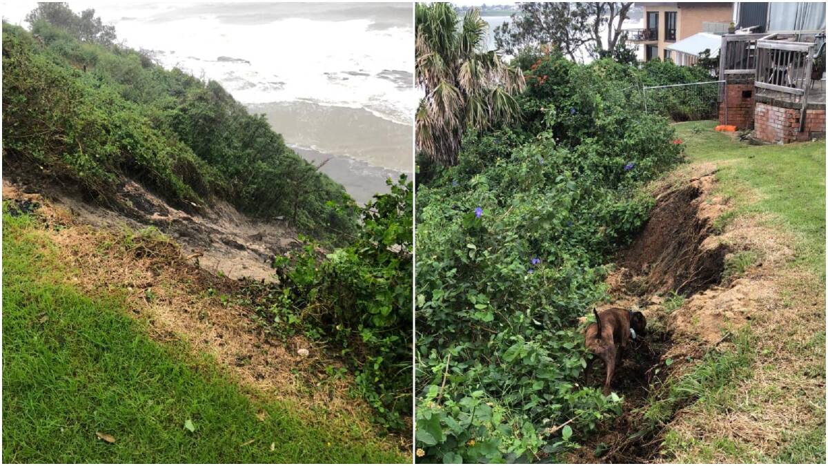 Kate Fisher's backyard partially slipped down the cliff face to the ocean in Thirroul. Pictures: Kate Fisher