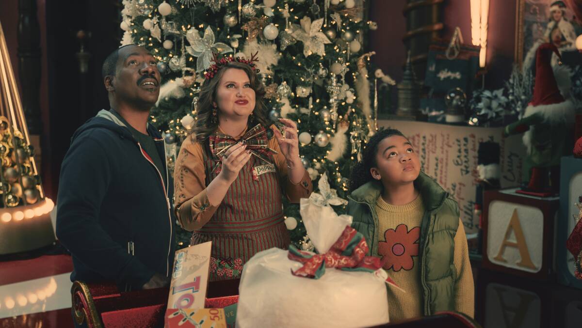Eddie Murphy, Jillian Bell and Madison Thomas in Candy Cane Lane. Picture Prime Video