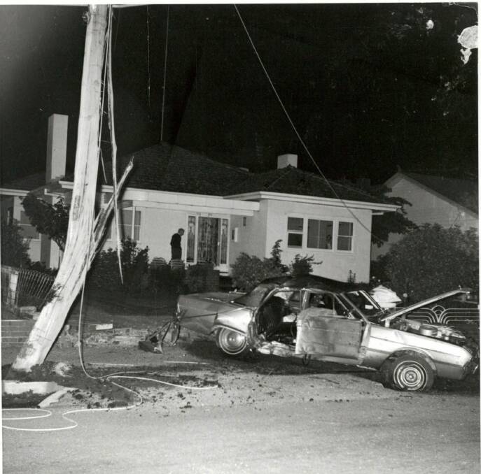 A police photo of the crash, which took out the electricity pole.