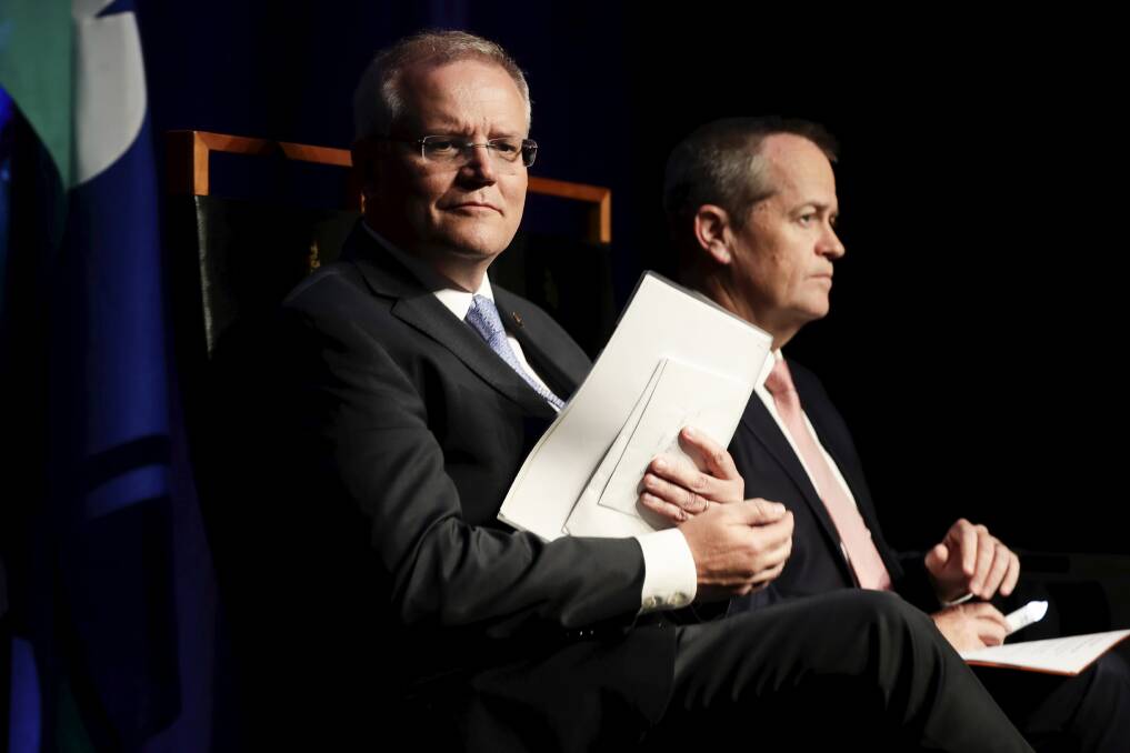 APOLOGETIC: Prime Minister Scott Morrison and Opposition Leader Bill Shorten during an address to survivors in the Great Hall after the National Apology to Victims and Survivors of Institutional Child Sexual Abuse. Picture: Alex Ellinghausen 
