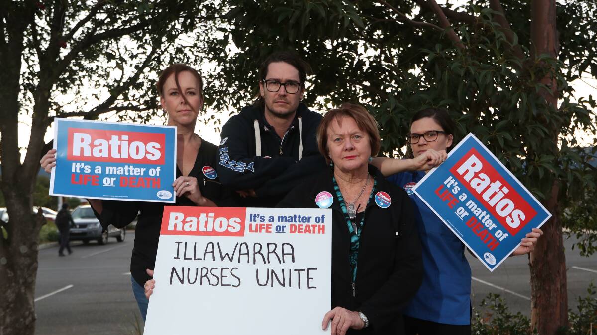 Safety first: NSW Nurses and Midwives Association members Kristine Blain (front), Chevonne Cowell, Sarah Morton and Alistair Ball at a rally in May. Picture: Sylvia Liber