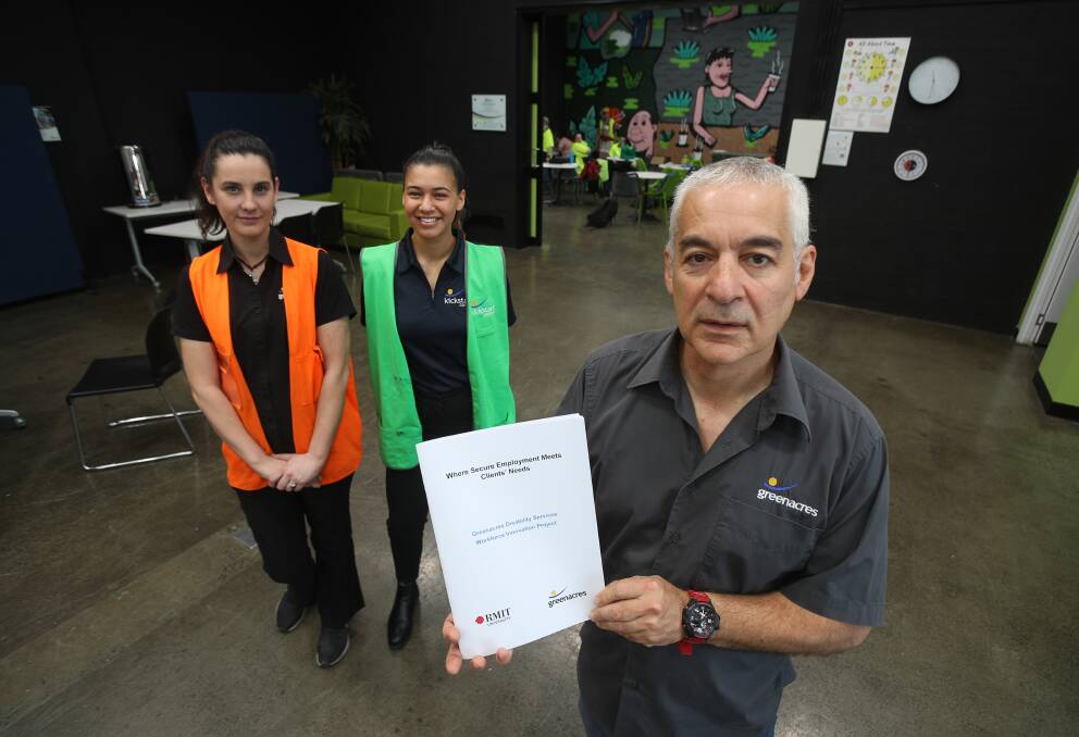 Time for action: Greenacres CEO Chris Christodoulou with disability support workers Hayley Room and Kiana Rice. Picture: Robert Peet