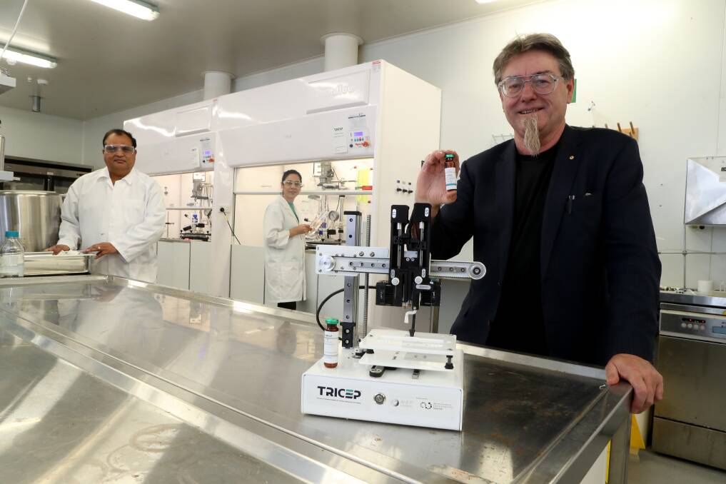 Dr Sanjeev Gambhir, Dr Afsaneh Khansari and Professor Gordon Wallace with the 3D REDI bioprinter at the TRICEP facility in North Wollongong. Picture: Robert Peet