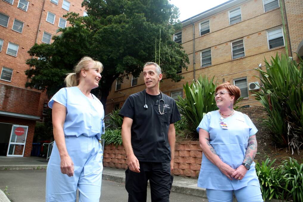 Wollongong COVID assessment clinic nurses Jo Keough and Sharon Stewart with Emergency Department head Dr Simon Binks, who will all get the Pfizer vaccine this week. Picture: Sylvia Liber