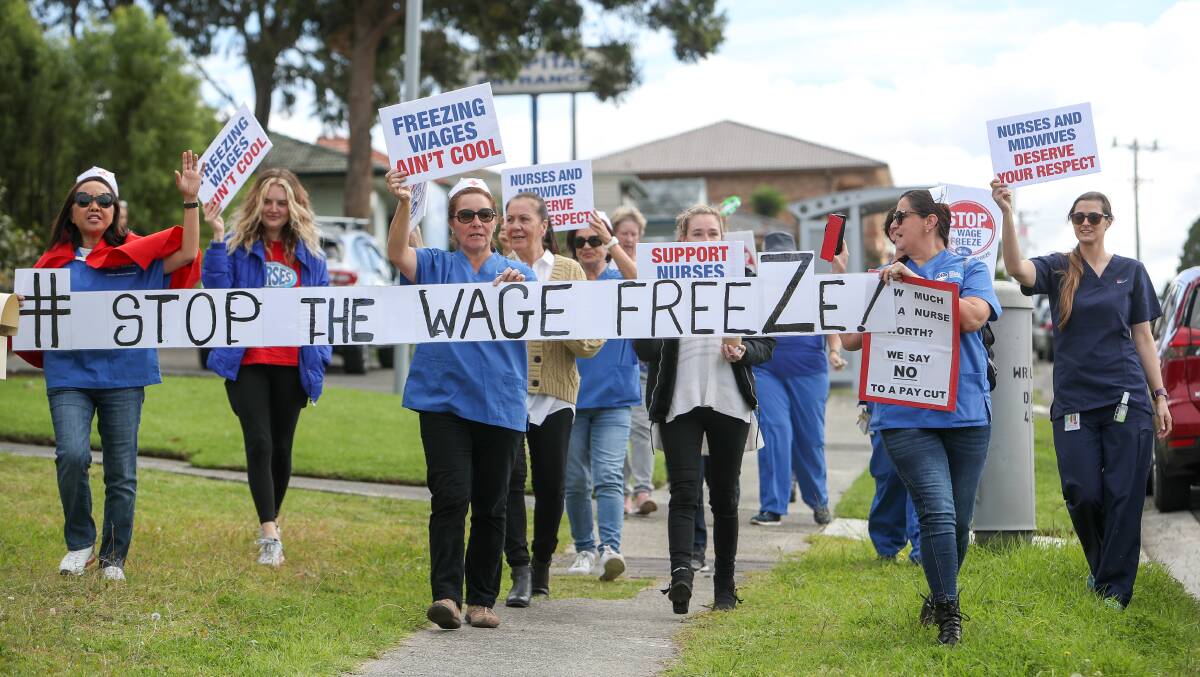 Anti freeze: Shellharbour nurses rallied against the public sector wage freeze confirmed by the Premier on Wednesday. Picture: Adam McLean