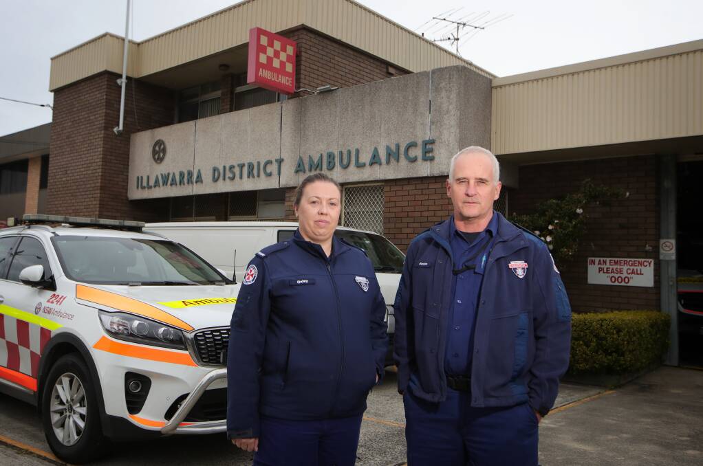 Pay dispute: Paramedics and Health Service Union delegates Tess Oxley and Anton Jamsek at Wollongong ambulance station on Thursday. Picture: Sylvia Liber