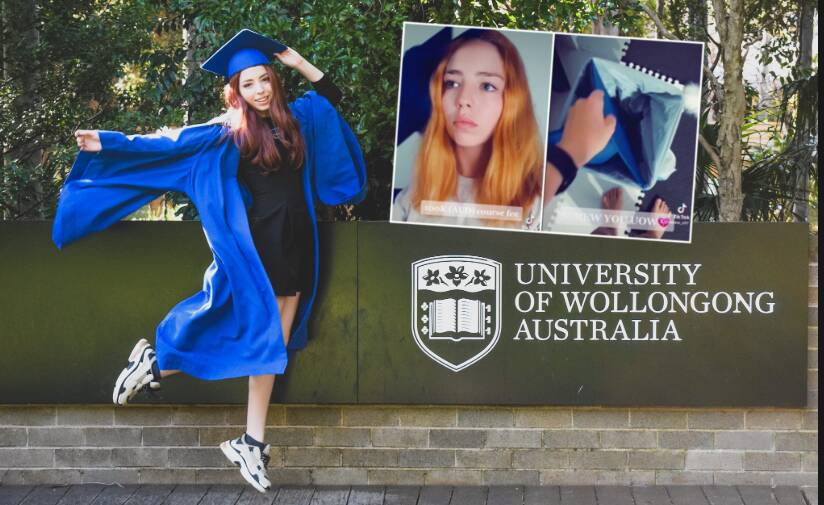 UOW graduate Dayana Sedora was glad she hired a gown and got some photos taken some months ago, because her "virtual graduation" was a disappointment. Main picture: Supplied