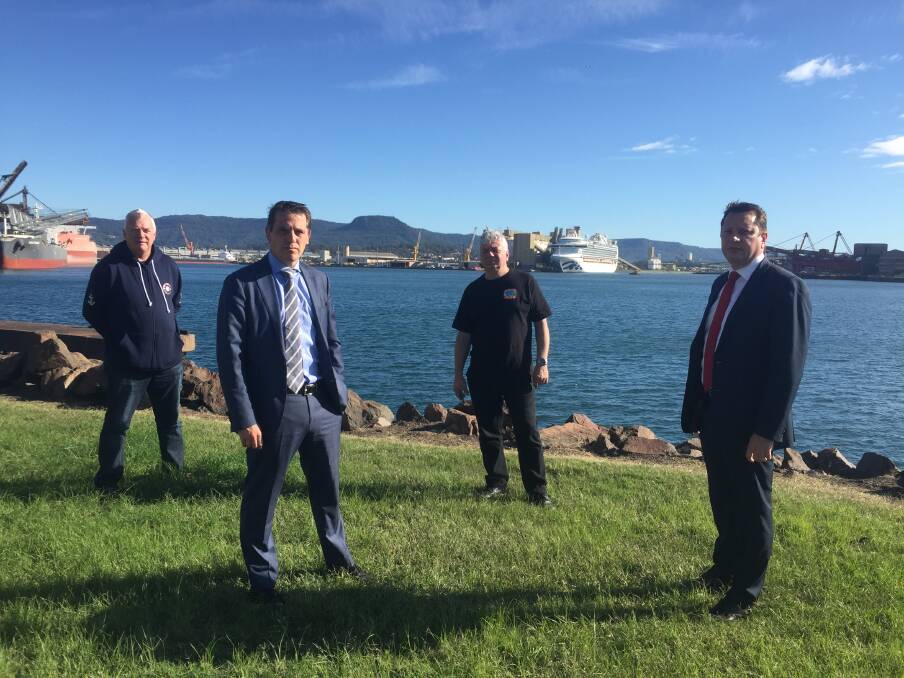 Not happy: MUA's Rob Paterson, MP Ryan Park, South Coast Labour Council's Arthur Rorris and MP Paul Scully at Port Kembla. Picture: Robert Peet