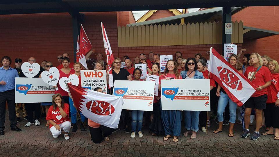 Illawarra disability workers travelled to Sydney on Tuesday morning to take part in a rally against the State Government's privatisation of disability care. Picture: Supplied