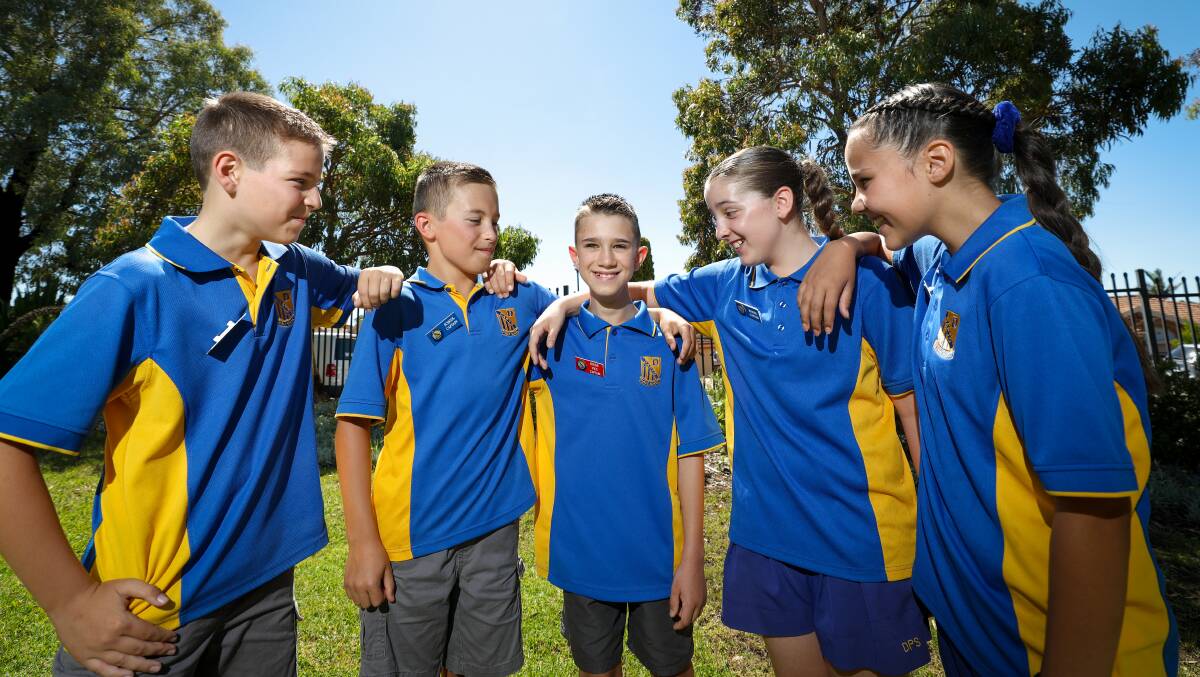 Young leaders: Dapto Public School's new sport vice-captain for 2021 Degan Wingate (centre) and other school captains and vice-captains (from left) Novak Novakovic, Logan Smith, Grace Miller and Aliyah McGuinness. Picture: Adam McLean