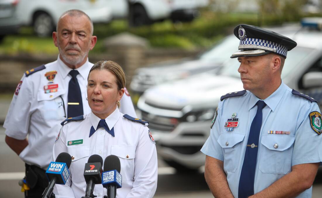 NSW Ambulance Inspector Norm Rees and Zone Manager Jade Marks with NSW Police Inspector Matthew Glasgow at a media briefing on Friday. Picture: Adam McLean