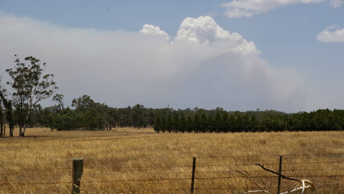 The view south from the Illawarra Highway between Robertson and Moss Vale, where a large cloud of smoke is visible. Picture: Adam McLean