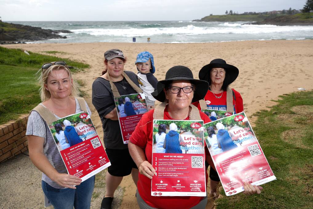 Rally cry: Kiama aged care nurses Lynette Cole, Helen Hardman with Samuel, Linda Hardman and Sue Walton highlight the urgent need for safe staffing in their industry. Picture: Adam McLean