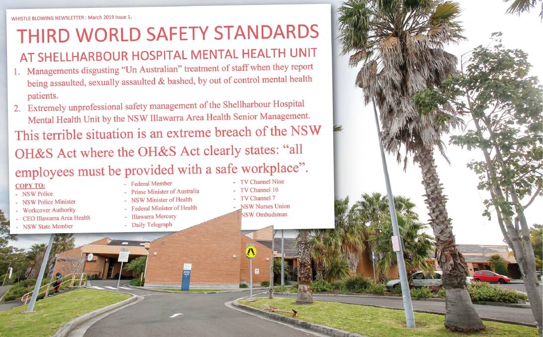 Under attack: A letter by a 'whistleblower' sent to media organisations, politicians and government departments (inset) claims staff at Shellharbour Hospital's mental health facilities work in an unsafe environment.