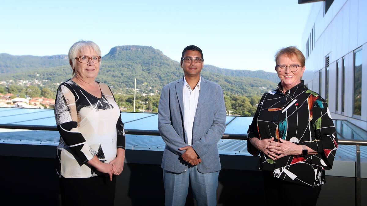 ISLHD executive director of nursing and midwifery Deborah Cameron; infectious diseases specialist Dr Niladri Ghosh and chief executive Margot Mains are excited the Wollongong Hospital vaccine hub has opened. Picture: Sylvia Liver