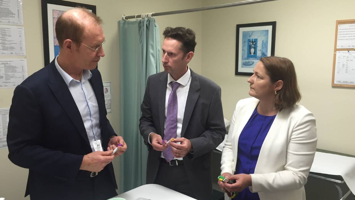 Throsby MP Stephen Jones and Labor’s candidate for Gilmore Fiona Phillips with Dr Alistair Lochead, the Medical Director of Southern IML Pathology in Kiama. Picture: Supplied