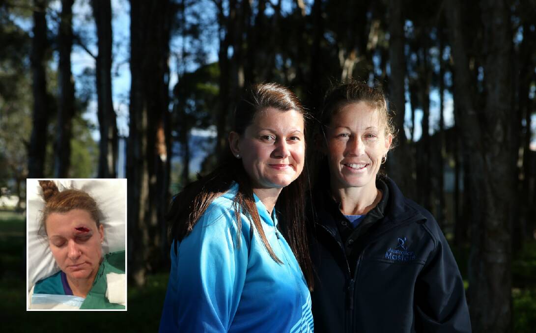 Tough game: Thirroul resident Sonya Broadhead received first aid from teammate Sharni Barton after she suffered a serious head injury (inset) during a hockey game in April. Main picture: Sylvia Liber