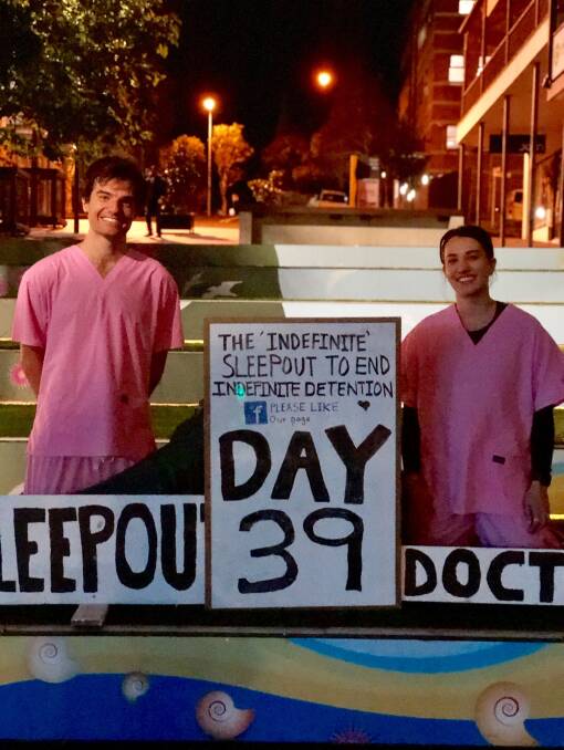 Dedicated: Wollongong Hospital ED doctor Javed Badyari and social worker Jayne Woodley on Thursday, the 39th day of the Indefinite Sleepout.