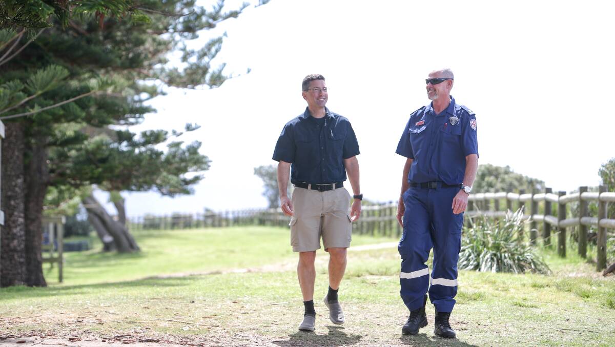 Emergency response: Dr Richard Pryor, emergency physician and former head of Wollongong Hospital's emergency department, with one of the paramedics who came to his aid, Inspector Matt Sterling. Picture: Adam McLean
