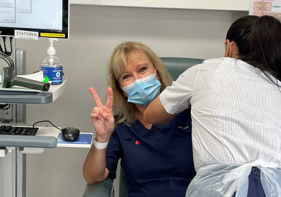 Wollongong COVID assessment clinic registered nurse Jo Keough gets the Pfizer vaccine on Wednesday. Picture: Supplied