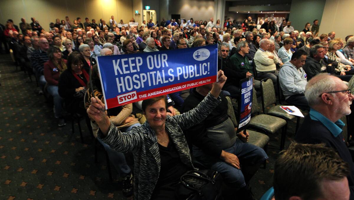 Show of support: Hundreds packed an auditorium at The Shellharbour Club on Monday night for a forum on the future of Shellharbour Hospital if a proposed public-private partnership goes ahead. Picture: Sylvia Liber