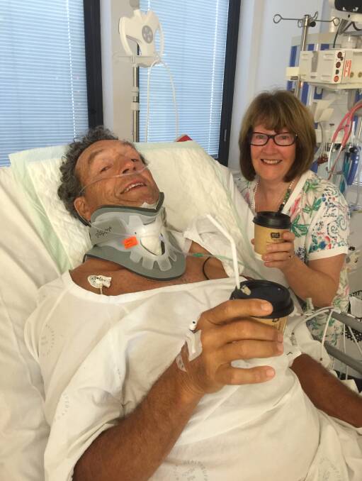 Peter Crinis, pictured with wife Vicki, is recovering in Wollongong Hospital after an accident in the surf on the weekend. Picture: Stan Crinis