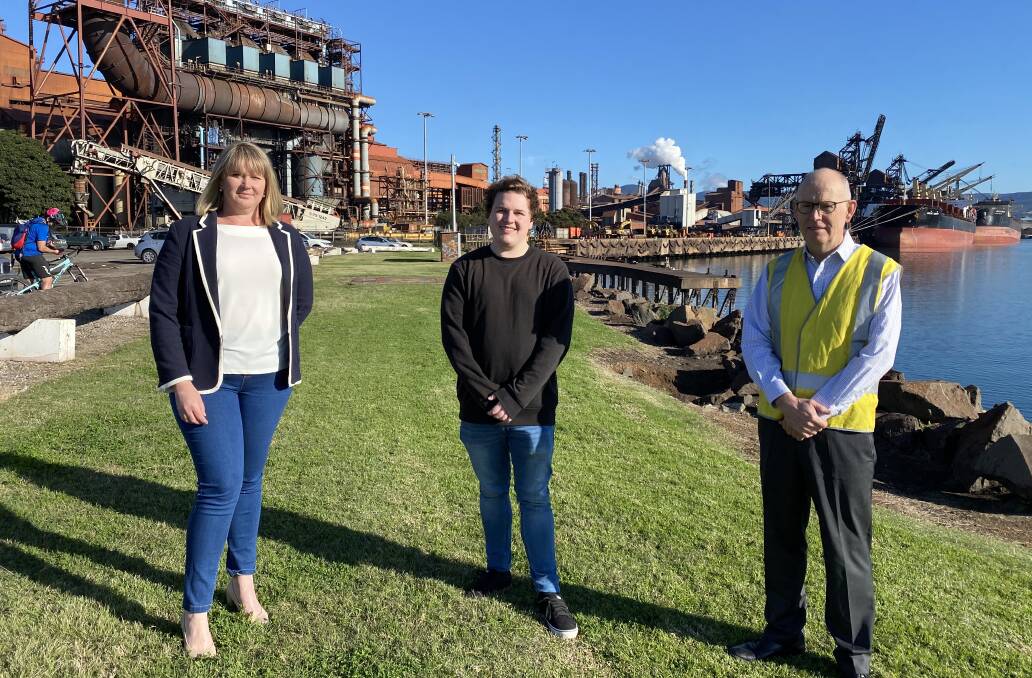 Lifeline South Coast CEO Renee Green with volunteer Cameron Ivey and BlueScope's John Nowlan at the launch of a new telephone crisis support training program on Friday.