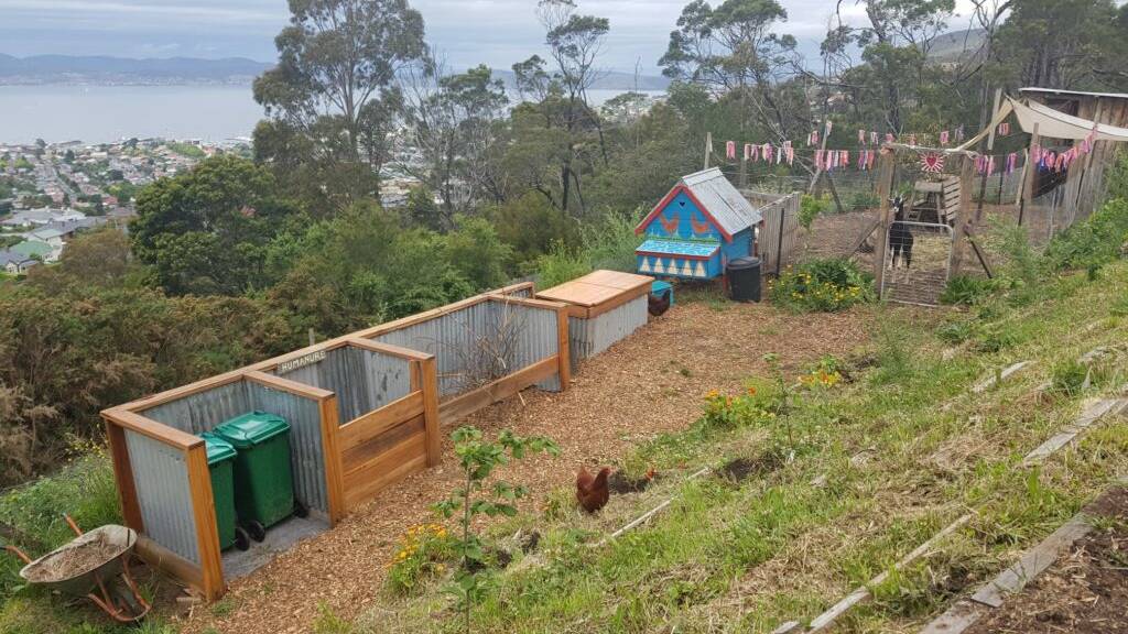 COMPOST CENTRAL: The ultimate compost station with humanure bays, a compost bin, worm farm, chickens and goat systems. Picture: Hannah Moloney