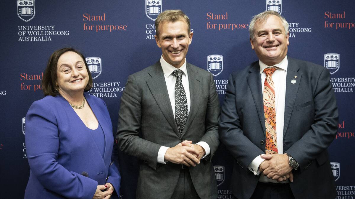 Committed: UOW Vice-Chancellor Professor Patricia Davidson, NSW Minister for Infrastructure, Cities and Active Transport Rob Stokes and University of Newcastle Vice-Chancellor Professor Alex Zelinsky at the Tale of Two Cities Clean Energy Showcase.