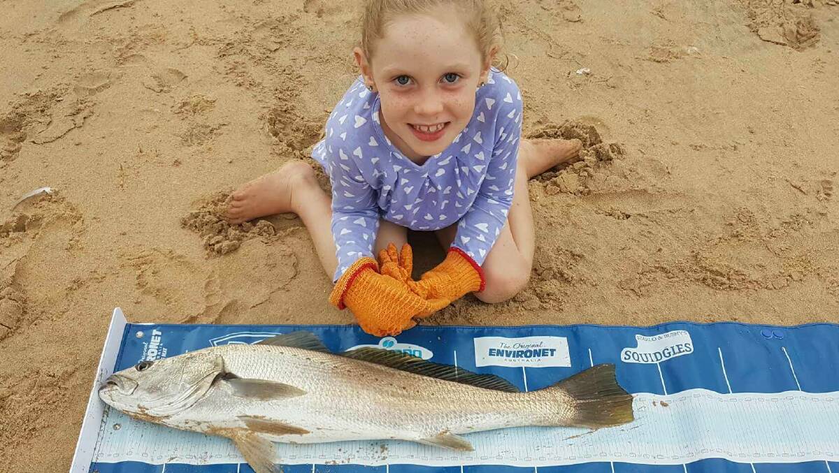 Well caught!: Seven-year-old Teliah McElhone with her first mulloway she caught last week. (Photos submitted for publication should be high res.)