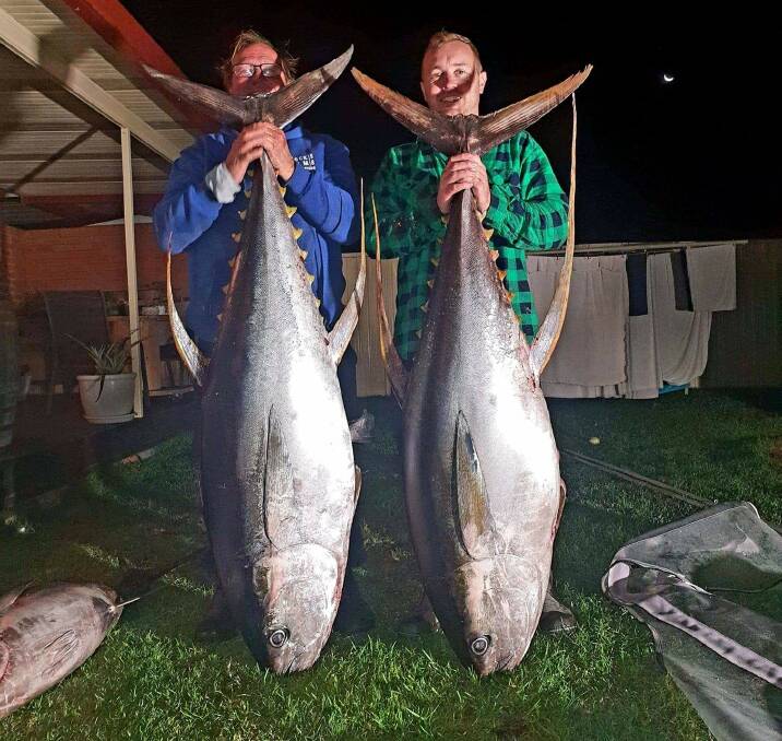 It's tuna time!: Mitch Gray and Squid Bokenham with two of three yellowfin tuna of over 80 kilos taken out wide off Kiama last weekend.