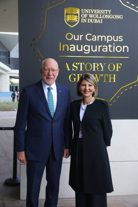 Future looks bright: Governor-General of Australia, David Hurley, and Marisa Mastroianni, Managing Director and Group CEO of UOW Global Enterprise at the university's opening of its new Dubai campus. Picture: Supplied