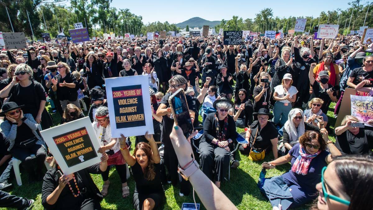 Enough is enough: March 4 Justice demonstrators outside Parliament House in Canberra on Monday. Picture: Karleen Minney